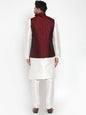 Jompers Men's Solid Dupion Kurta Pajama with Woven Jacquard Waistcoat (Maroon)