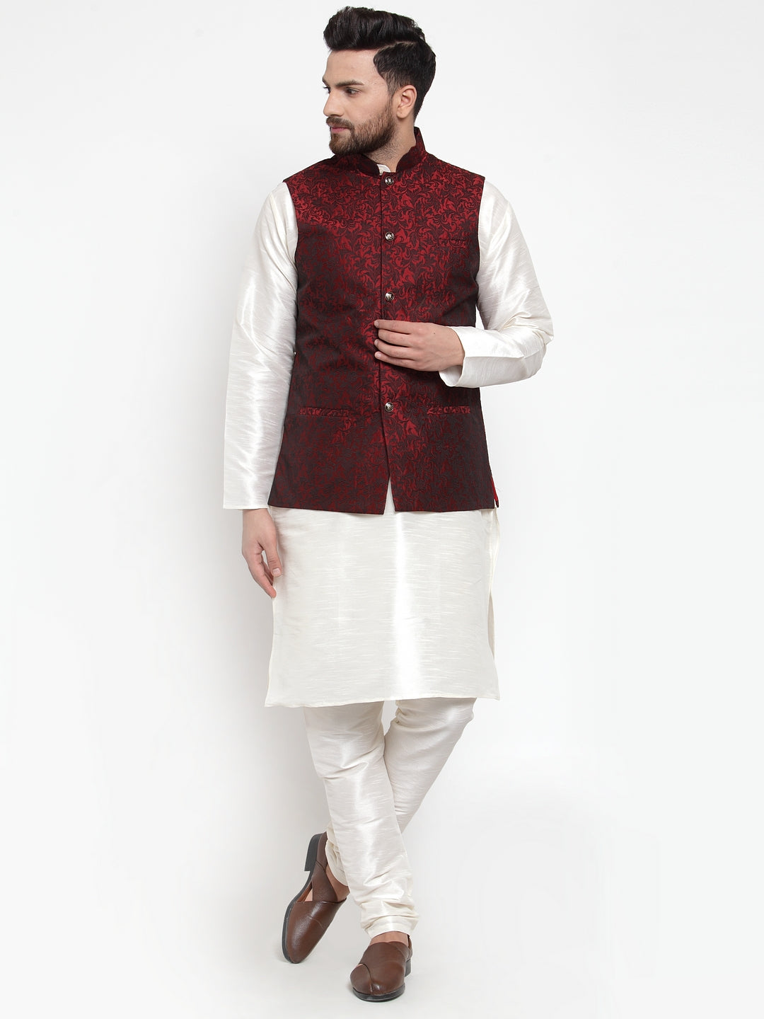 Jompers Men's Solid Dupion Kurta Pajama with Woven Jacquard Waistcoat (Maroon)