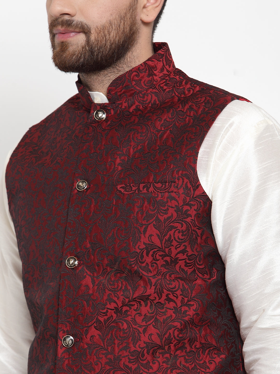 Jompers Men's Solid Dupion Kurta Pajama with Woven Jacquard Waistcoat (Maroon)