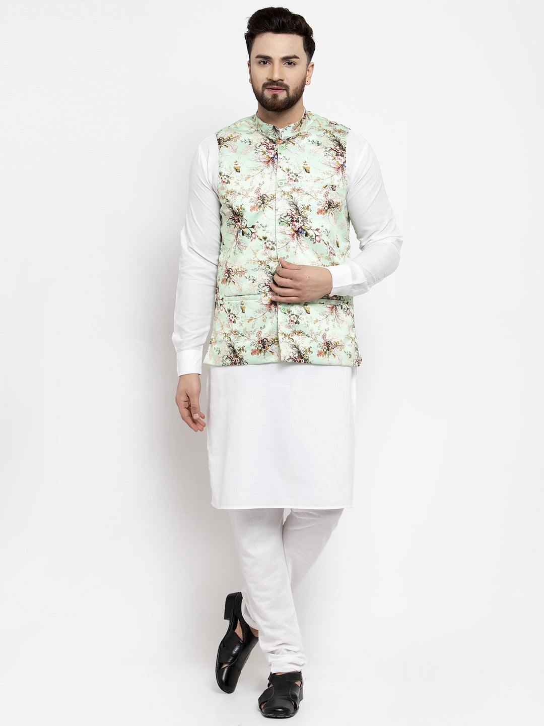 Jompers Men Solid Cotton Kurta Pajama with Printed Waistcoat (Lime-W)