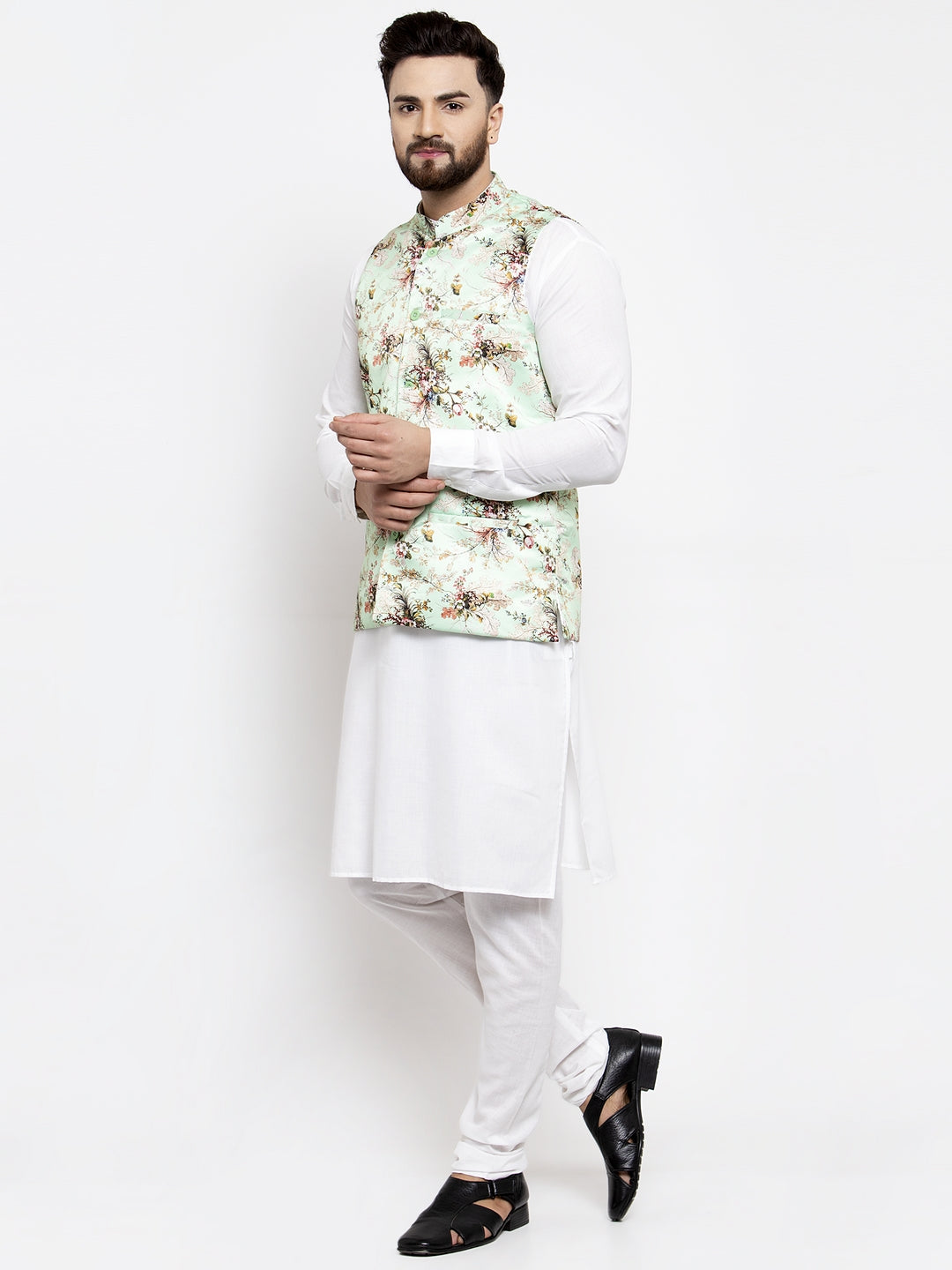 Jompers Men Solid Cotton Kurta Pajama with Printed Waistcoat (Lime-W)