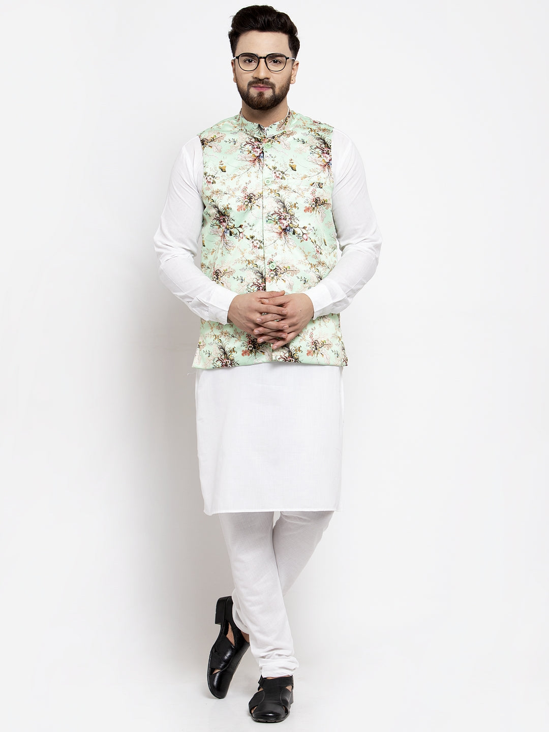 Jompers Men Solid Cotton Kurta Pajama with Printed Waistcoat (Lime-W)