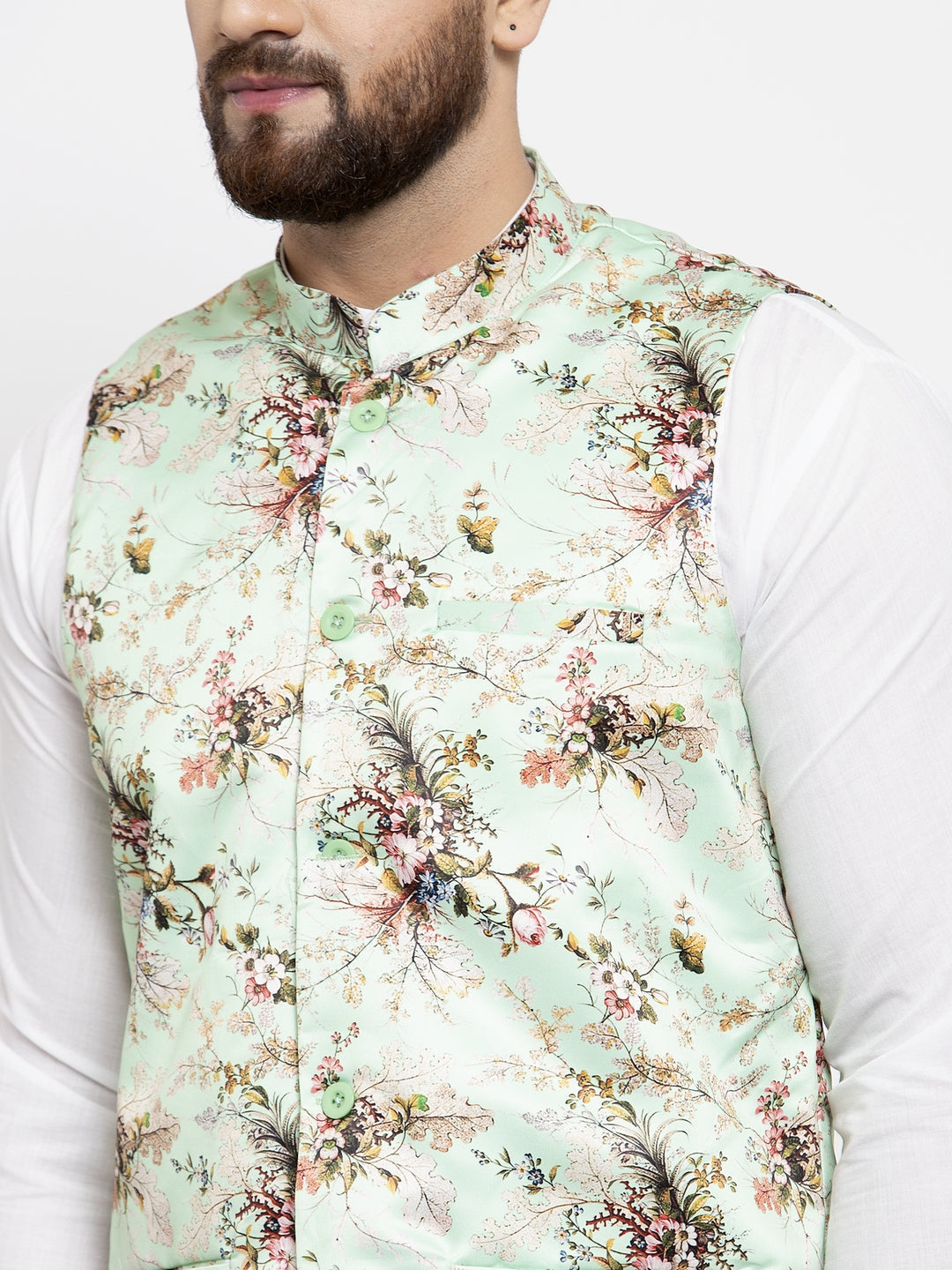 Jompers Men Solid Cotton Kurta Pajama with Printed Waistcoat (Lime-W)