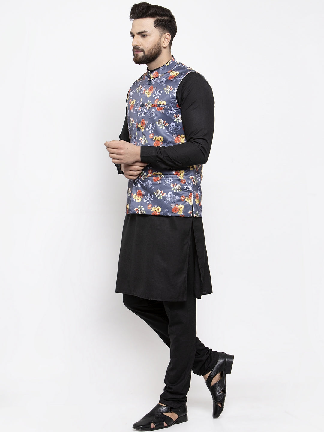 Jompers Men's Solid Cotton Kurta Pajama with Printed Waistcoat (Gray-B)