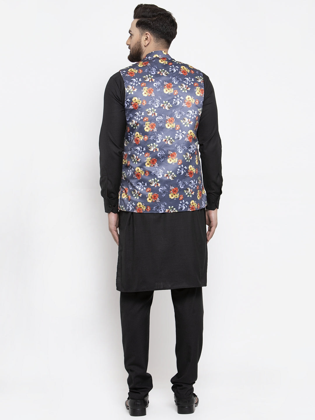 Jompers Men's Solid Cotton Kurta Pajama with Printed Waistcoat (Gray-B)