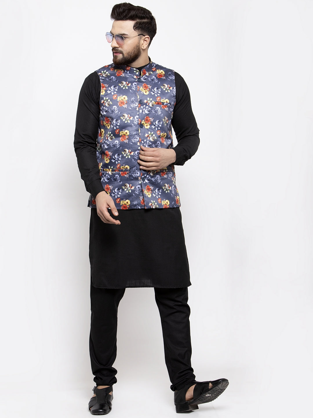 Jompers Men's Solid Cotton Kurta Pajama with Printed Waistcoat (Gray-B)