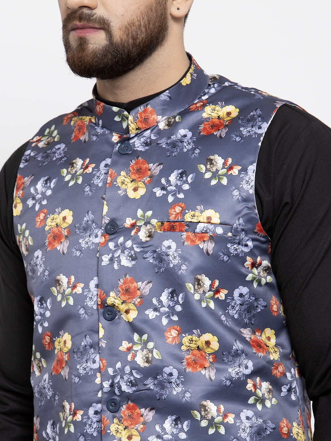Jompers Men's Solid Cotton Kurta Pajama with Printed Waistcoat (Gray-B)