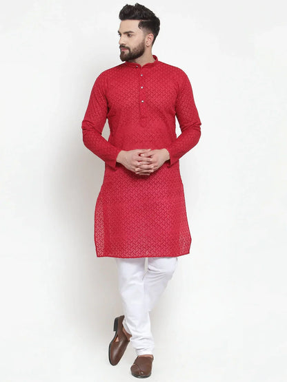 Jompers Men's Maroon Chikan Kurta with Churidar