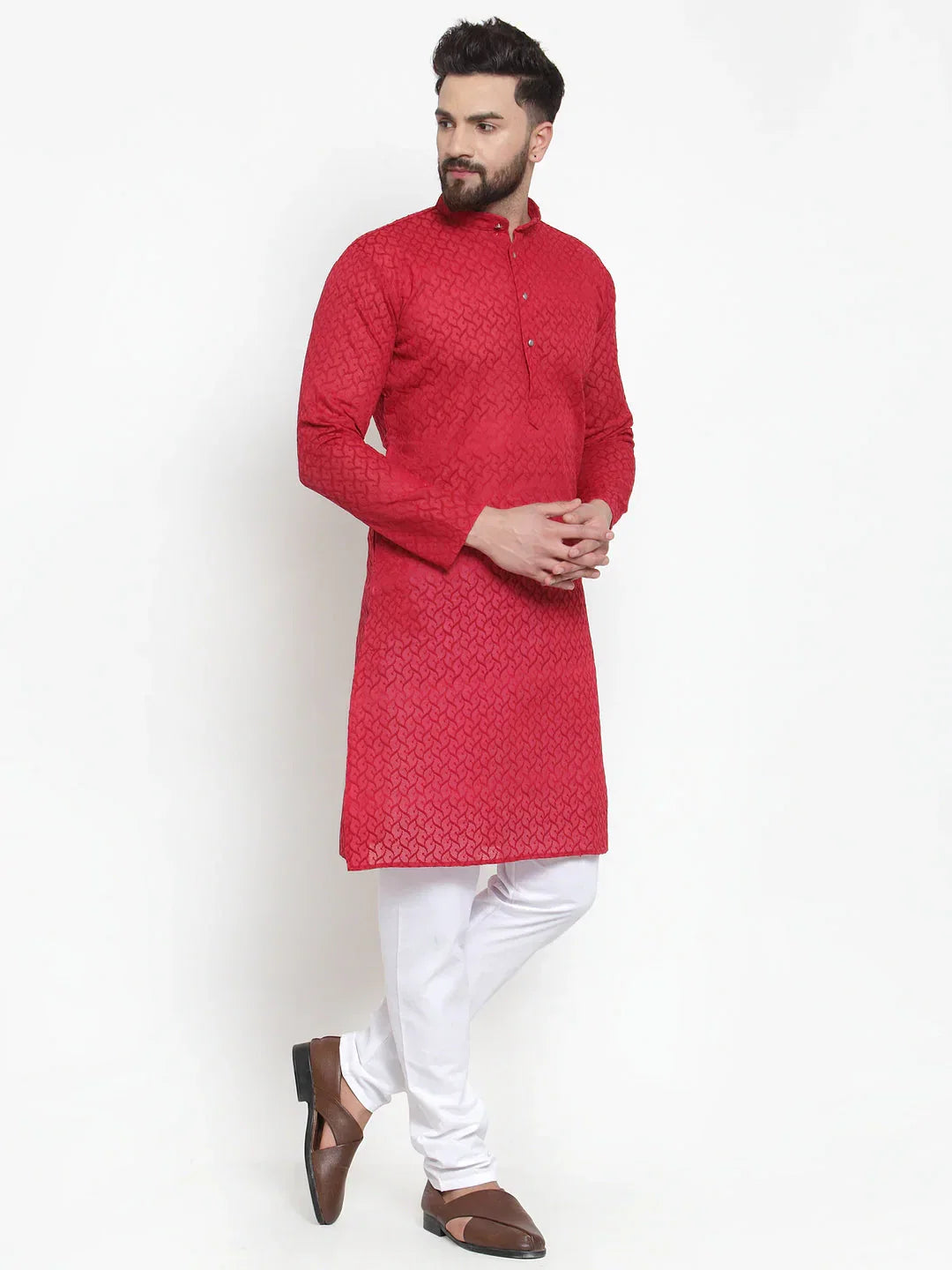 Jompers Men's Maroon Chikan Kurta with Churidar