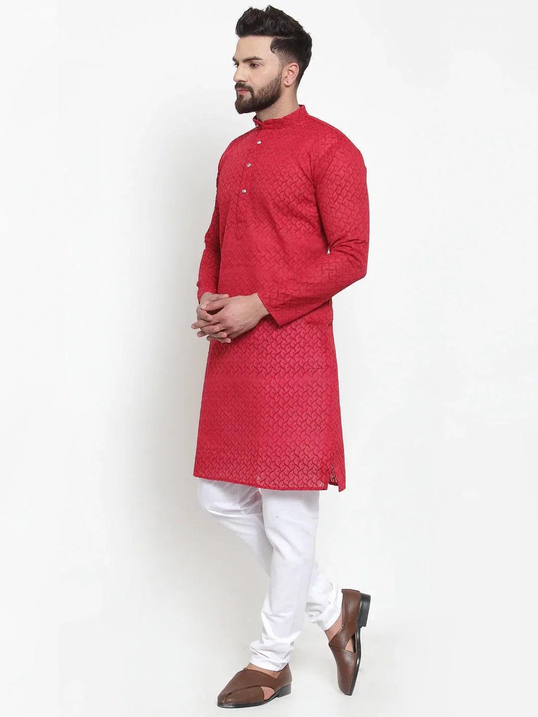 Jompers Men's Maroon Chikan Kurta with Churidar