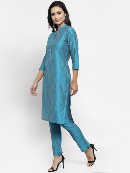 Jompers Women Blue & Green Self-Striped Kurta with Trousers