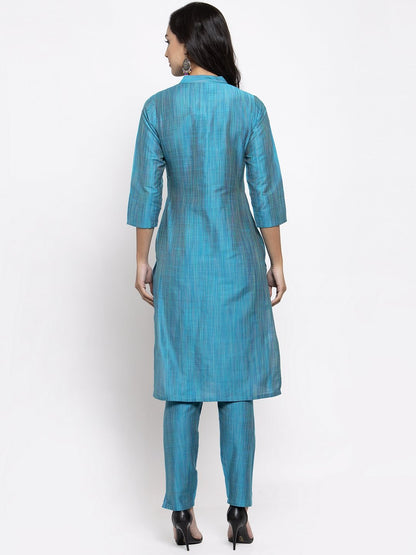 Jompers Women Blue & Green Self-Striped Kurta with Trousers