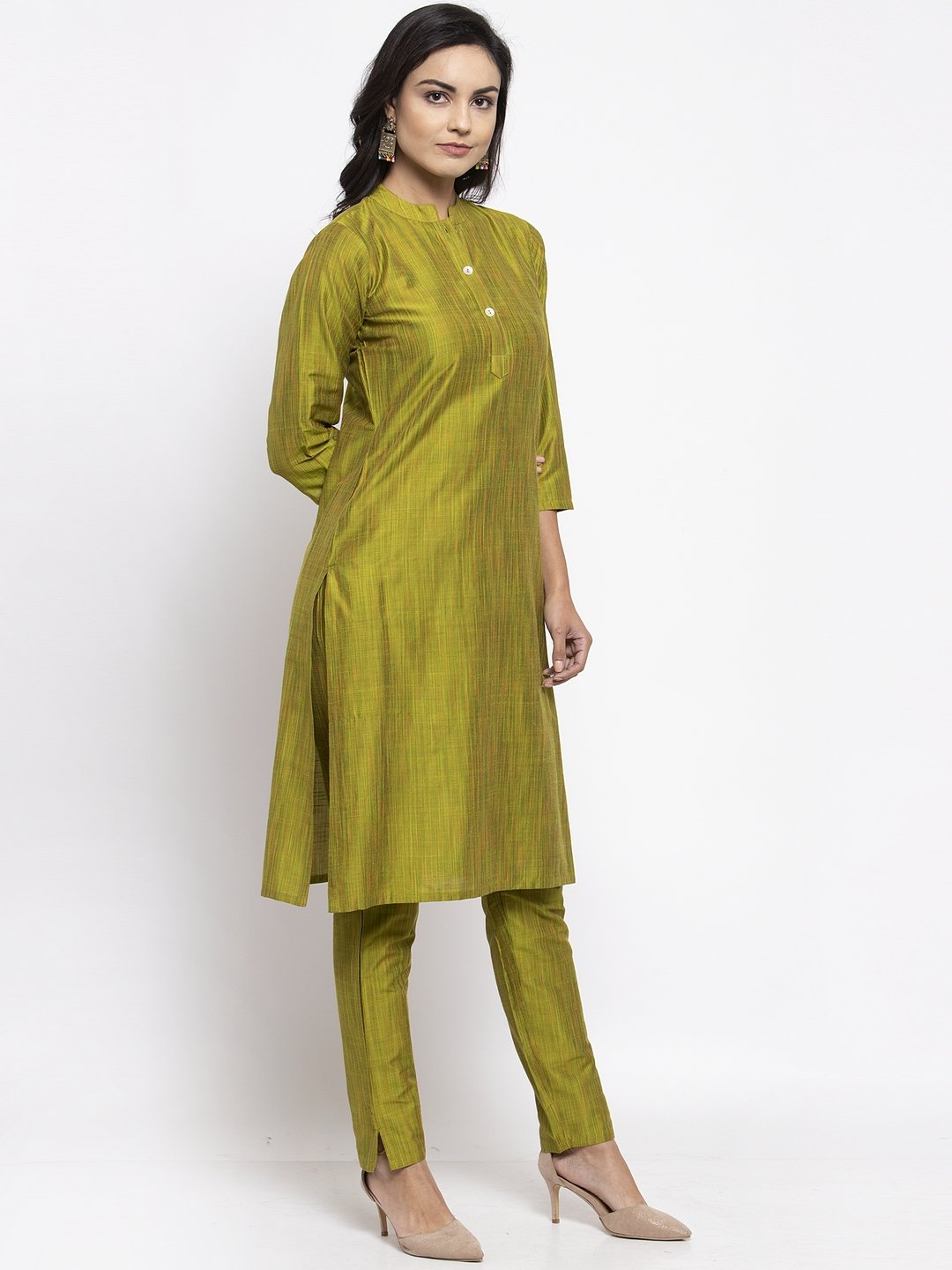 Jompers Women Green Self-Striped Kurta with Trousers