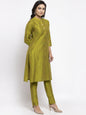 Jompers Women Green Self-Striped Kurta with Trousers