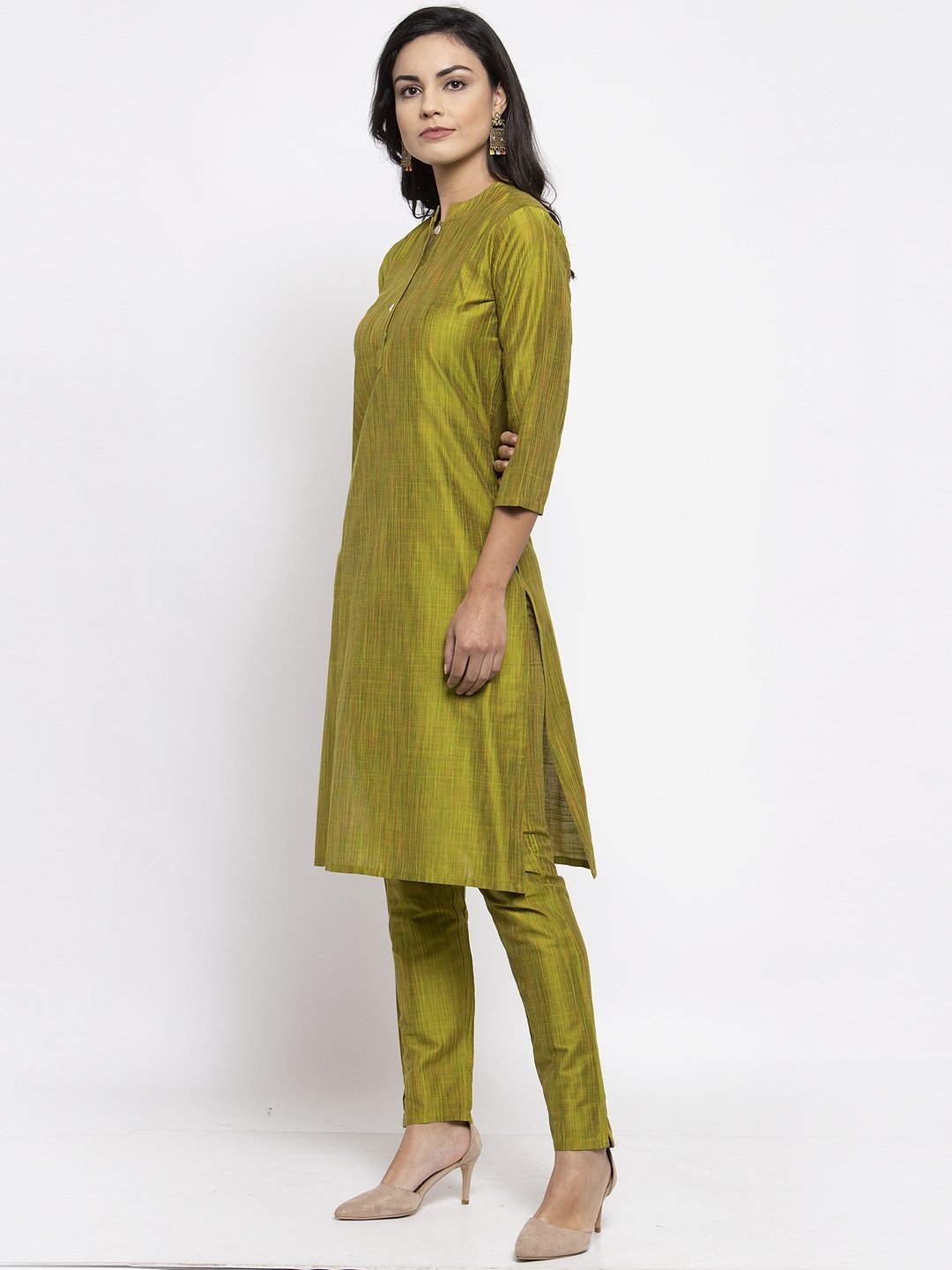 Jompers Women Green Self-Striped Kurta with Trousers