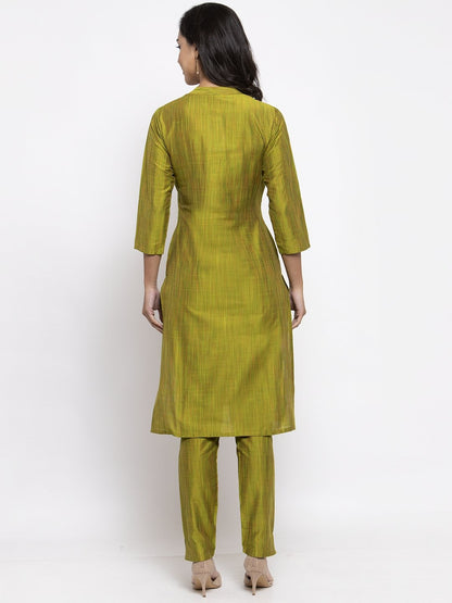 Jompers Women Green Self-Striped Kurta with Trousers