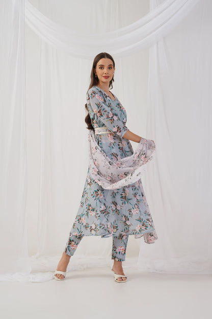 Jompers Women's Green Floral Printed Sequinned Kurta with Trousers & Dupatta & Belt