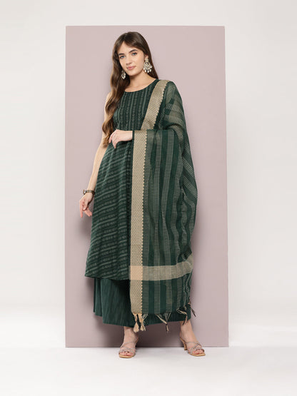 Jompers Women's Jacquard flared kurta palazzo dupatta set - Olive