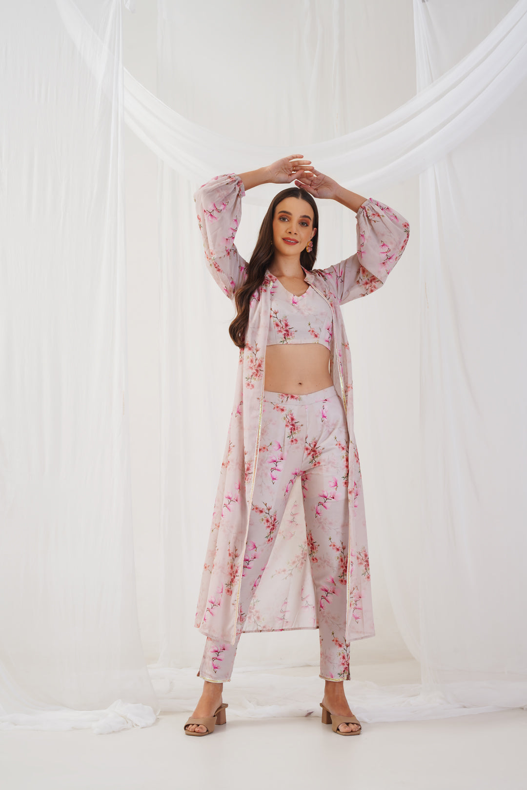 Jompers Women's Cream Floral Printed Crop Top with Trousers & Shrug