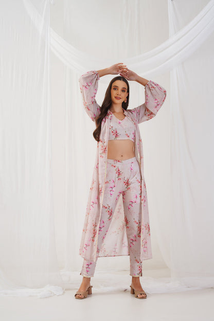 Jompers Women's Cream Floral Printed Crop Top with Trousers & Shrug