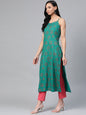 Jompers Women Rama Green & Pink Printed Straight Kurta