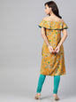Jompers Women Mustard Yellow & Teal Blue Floral Printed Straight Kurta