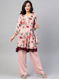 Jompers Women Peach & Maroon Floral Printed Floral Flared Kurta