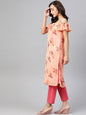 Jompers Women Peach-Coloured & Grey Floral Print Off-Shoulder Straight Kurta