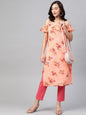 Jompers Women Peach-Coloured & Grey Floral Print Off-Shoulder Straight Kurta