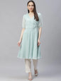 Jompers Women's Turquoise Blue Woven Design Flared Kurta
