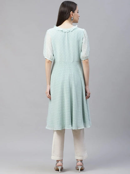 Jompers Women's Turquoise Blue Woven Design Flared Kurta