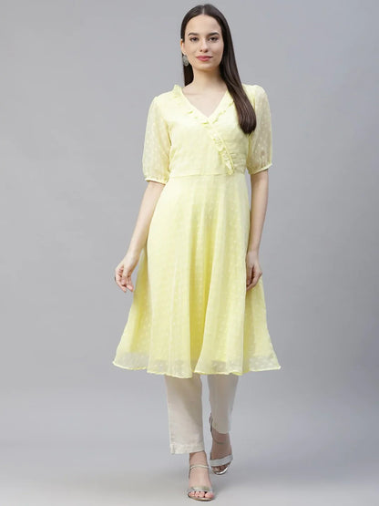 Jompers Women's Yellow Woven Design Flared Kurta