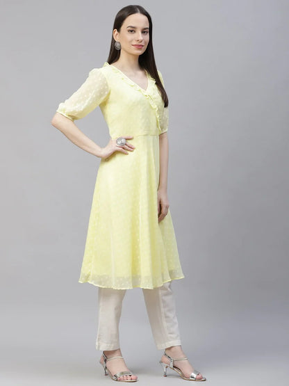Jompers Women's Yellow Woven Design Flared Kurta