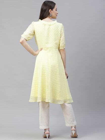 Jompers Women's Yellow Woven Design Flared Kurta