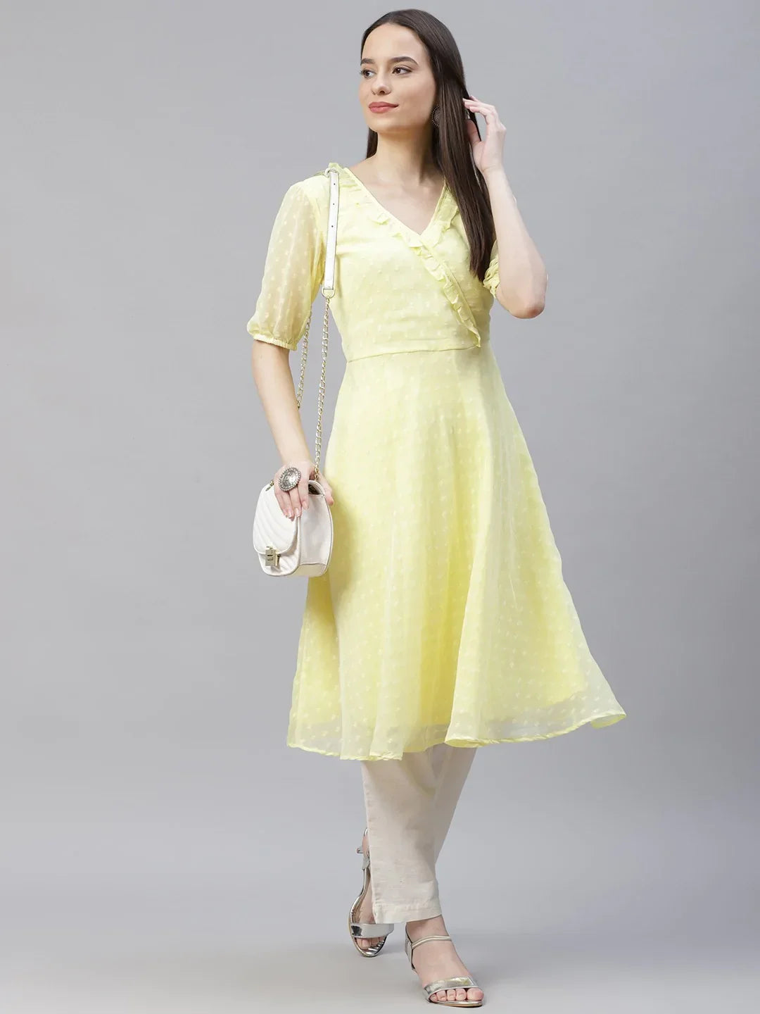 Jompers Women's Yellow Woven Design Flared Kurta