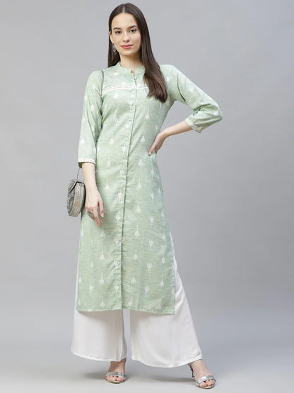 Jompers Women's Green Ethnic Motifs Ikat Kurta with lace work