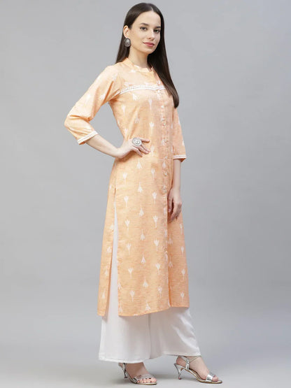 Jompers Women's Orange Ethnic Motifs Ikat Kurta with lace work