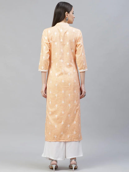 Jompers Women's Orange Ethnic Motifs Ikat Kurta with lace work