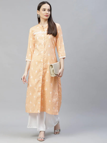 Jompers Women's Orange Ethnic Motifs Ikat Kurta with lace work