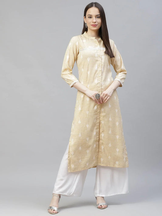 Jompers Women's Yellow Ethnic Motifs Ikat Kurta with lace work