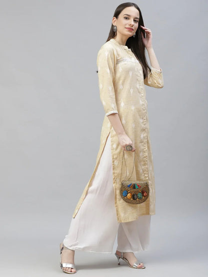 Jompers Women's Yellow Ethnic Motifs Ikat Kurta with lace work