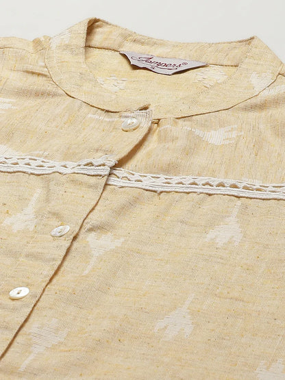 Jompers Women's Yellow Ethnic Motifs Ikat Kurta with lace work