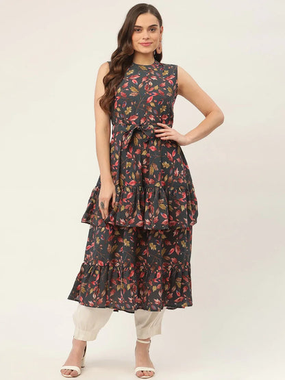 Jompers Women's Grey Flared Printed kurta