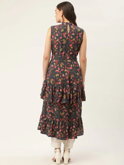 Jompers Women's Grey Flared Printed kurta