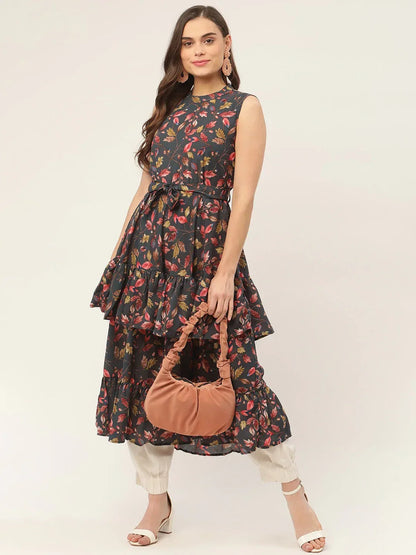 Jompers Women's Grey Flared Printed kurta