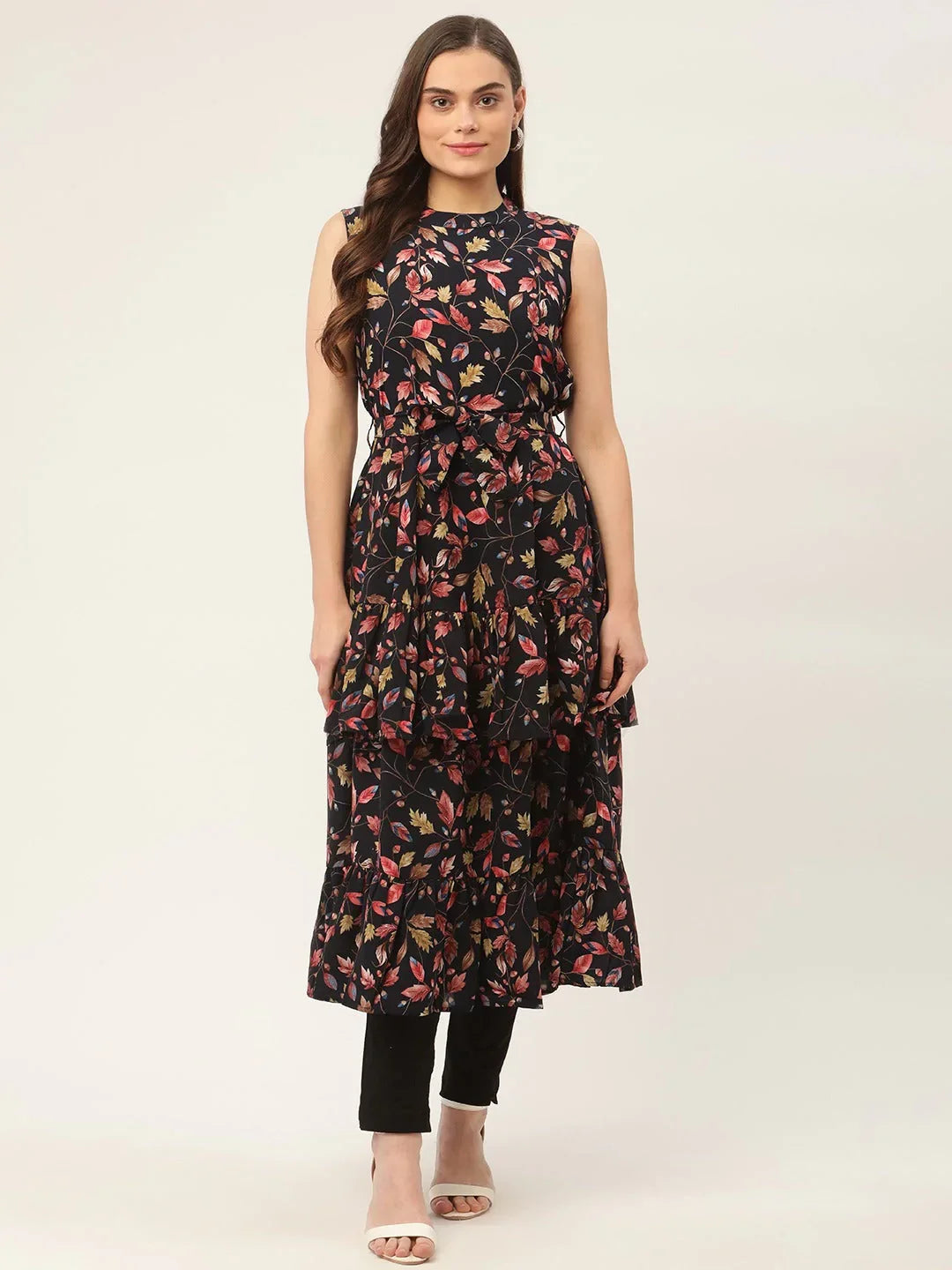 Jompers Women's Navy Blue Flared Printed kurta