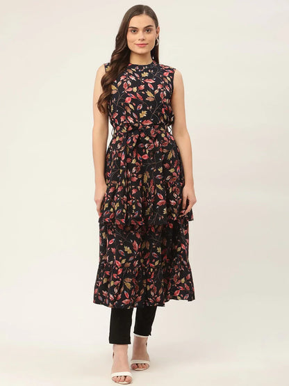 Jompers Women's Navy Blue Flared Printed kurta