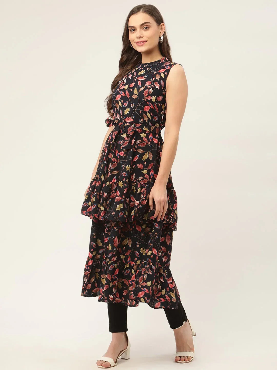 Jompers Women's Navy Blue Flared Printed kurta