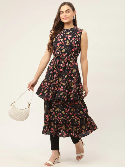 Jompers Women's Navy Blue Flared Printed kurta