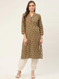 Jompers Women's Brown and Olive Printed Straight Pure Cotton Kurta